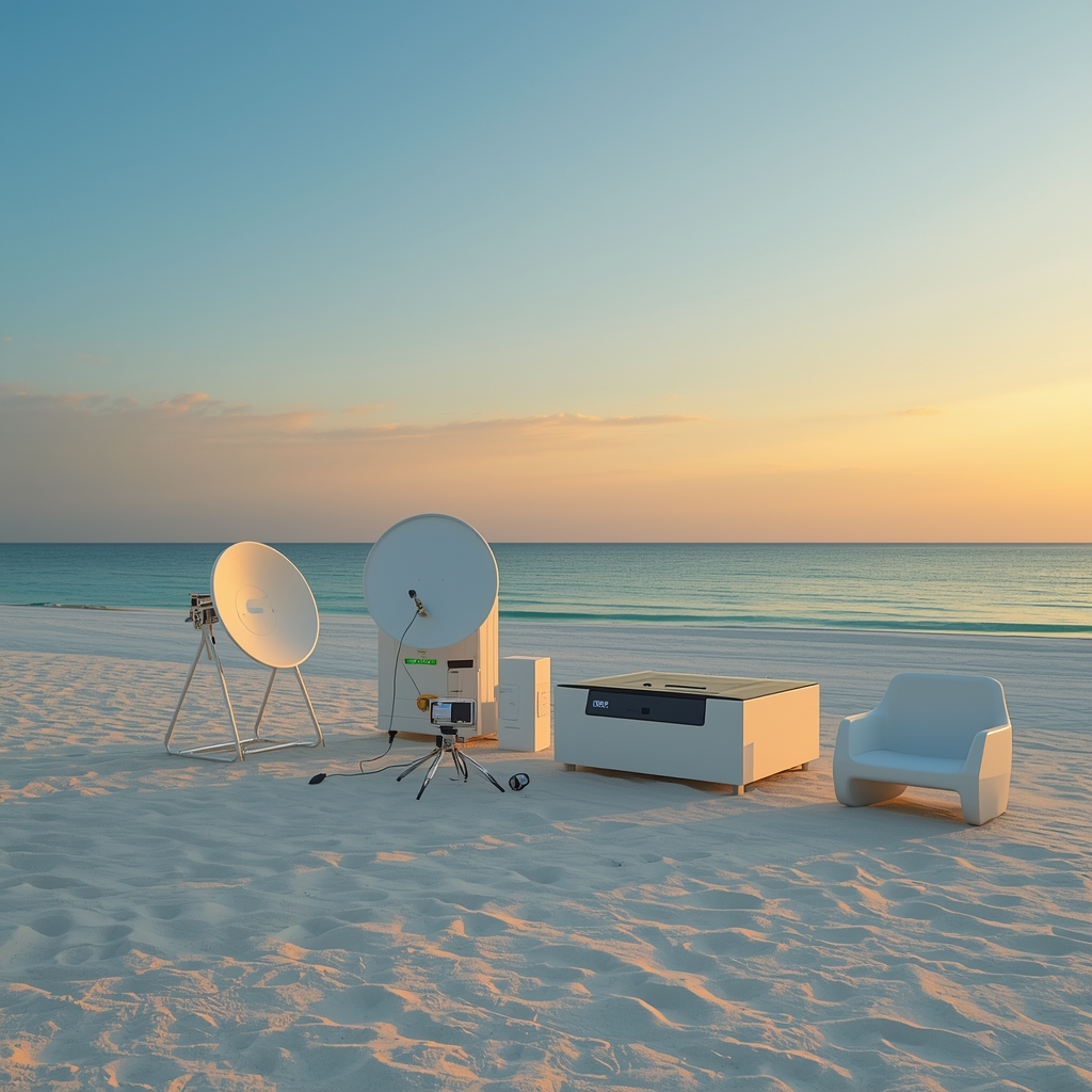 A cluster of high-tech gear like a satellite internet dish, carbon-neutral power station, and ergonomic light-weight chair arranged neatly on a serene, untouched sandy beach in the Maldives during golden hour. Epic landscape. No people.